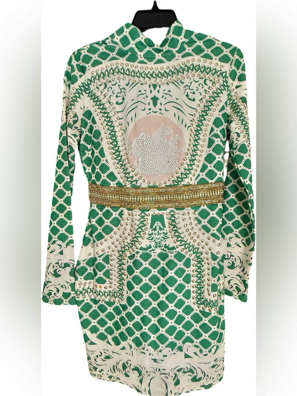Green Printed Long-Sleeve Top with Gold Embellished Waist